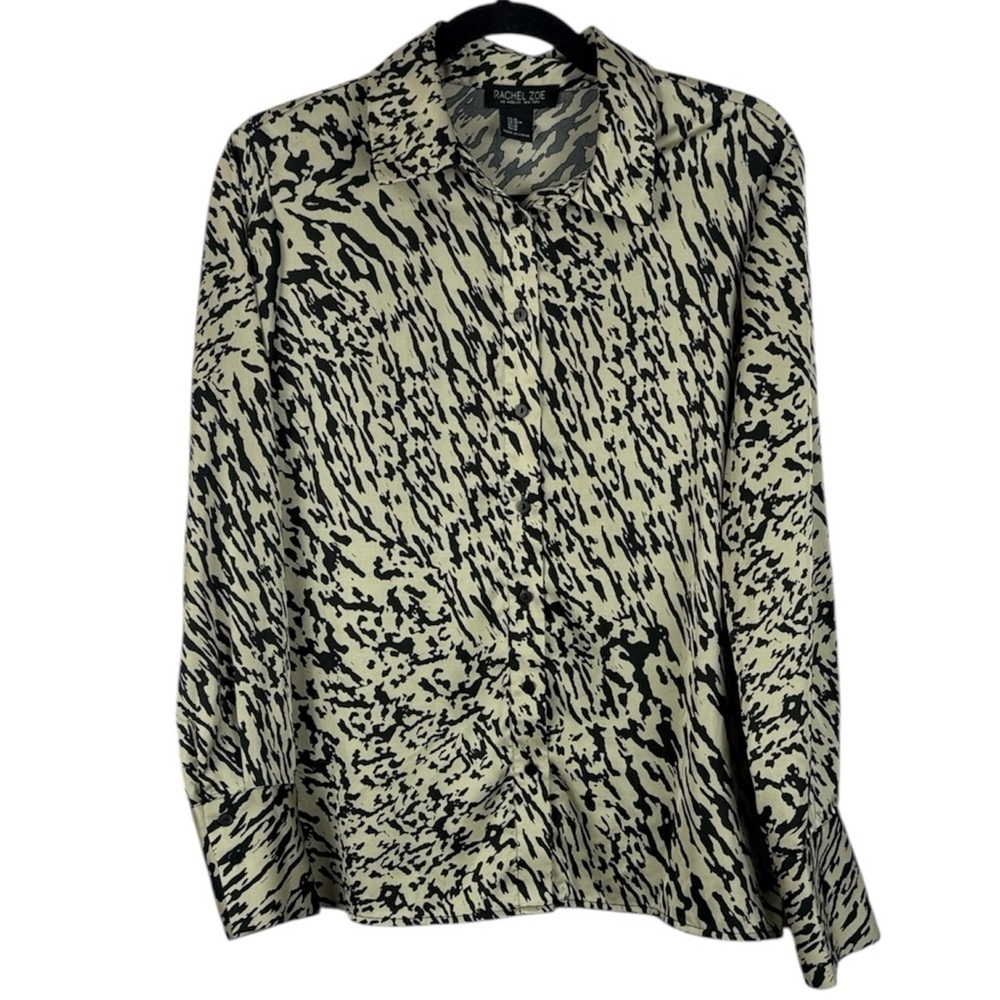 Rachel Zoe Black Cream Collared Animal Print Long Sleeve Button Down Med Blouse